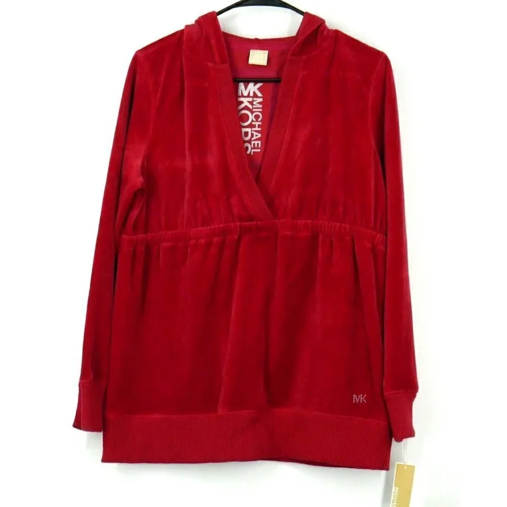 NWT Michael Kors Velour Hooded‎ Sweatshirt Red Medium